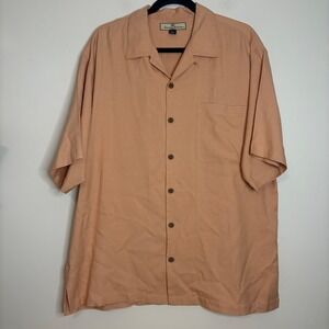 Tommy Bahama Men's Silk Button Up Camp‎ Shirt, Short Sleeve, Peach Plaid, Size L